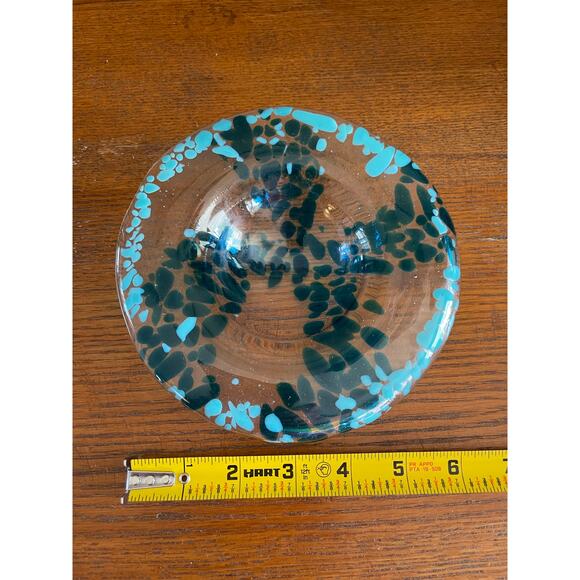 Hand Blown Art Glass Shallow Bowl Blue and Teal Speckled Swirl 6.5” Wide - Picture 10 of 10